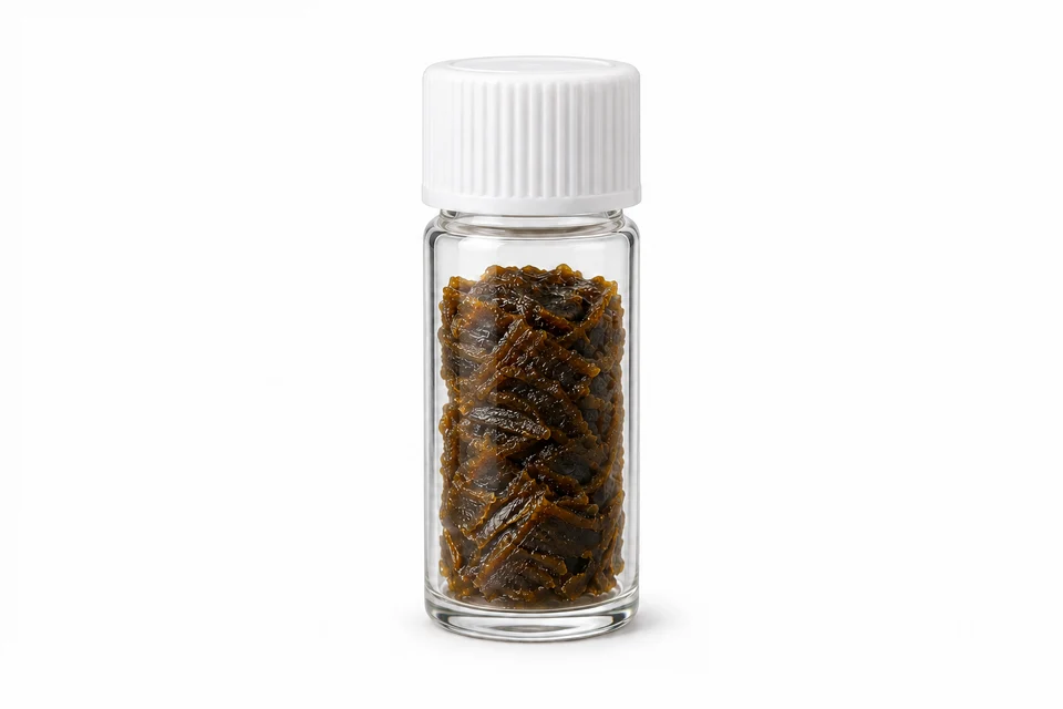 Tobacco Concrete in a clear sample bottle